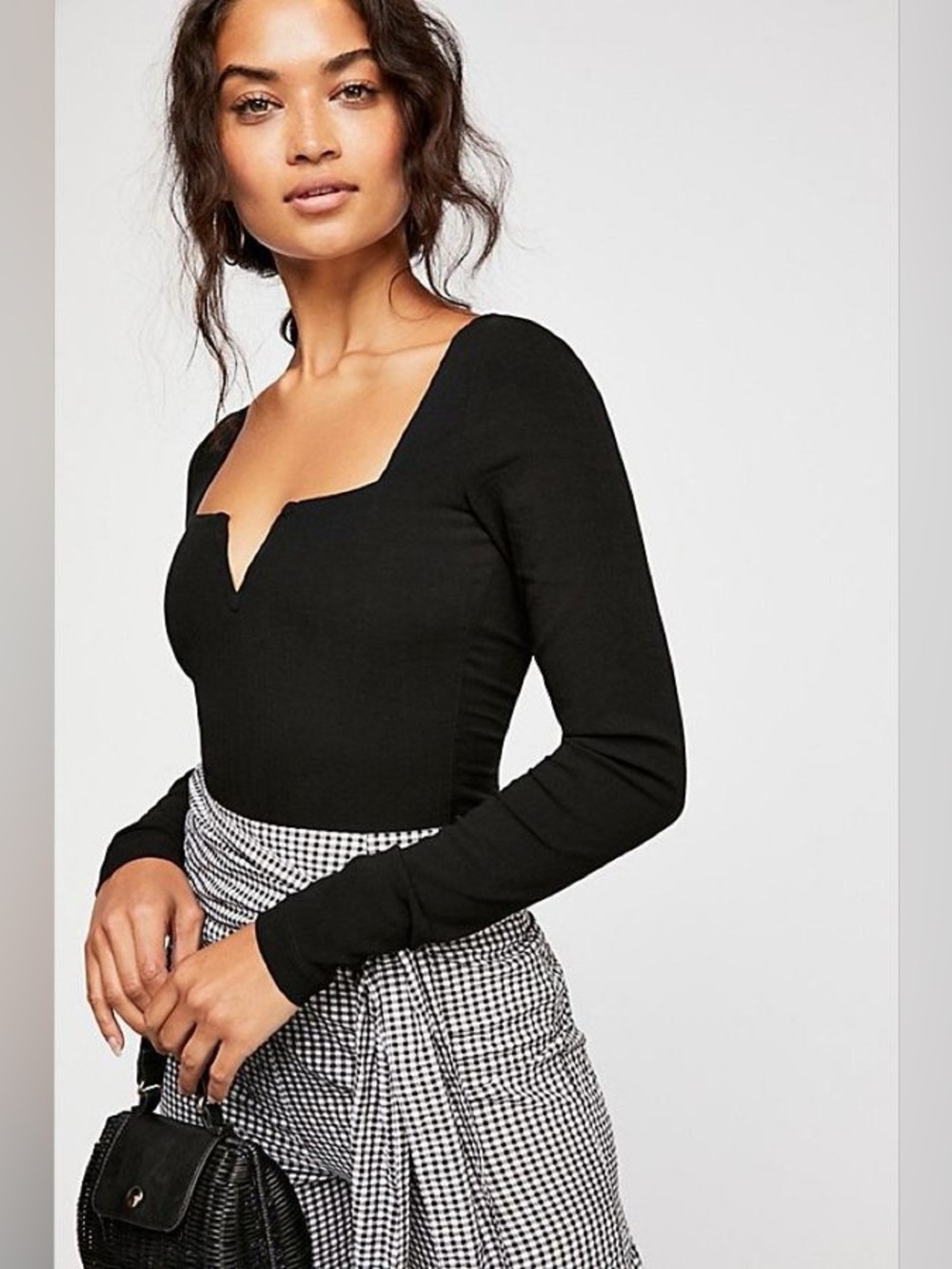 Intimately Free People Zoe Ponte Knit Notch Neck Long Sleeve Bodysuit Black M